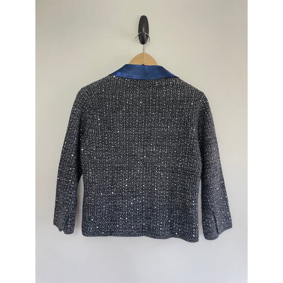 ELIE TAHARI gray silver lurex knit blue leather collar sweater Visna jacket - Picture 11 of 11